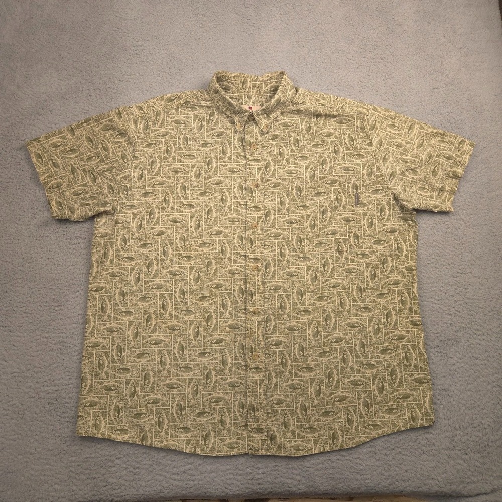 Woolrich Mens Shirt 2XL Green Light Olive Fish Blocks Print Short Sleeve‎ Cotton